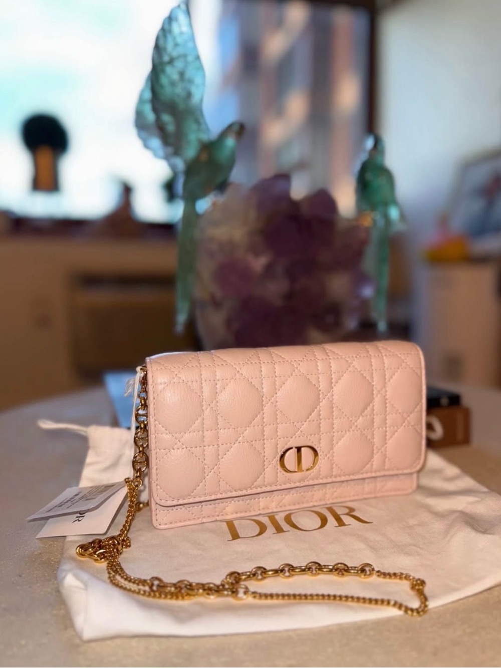 Dior caro pouch calfskin rose poudre with Gold Hardware (NEW)